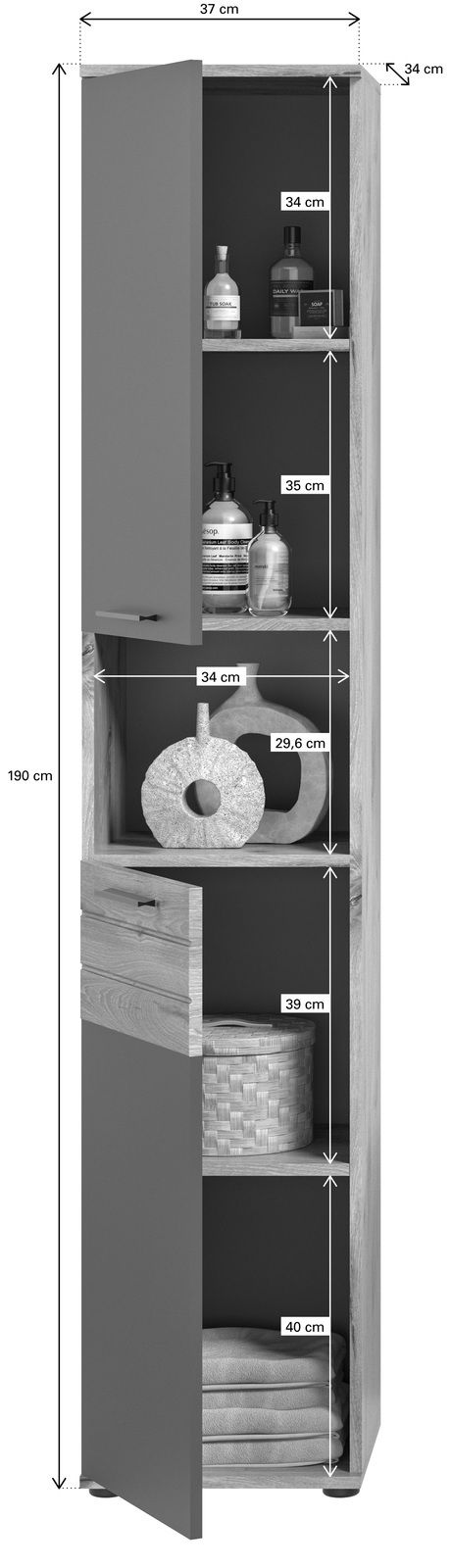 Hochschrank aus Holz mit grauen Türen, 190 cm hoch, 37 cm breit, 34 cm tief, mit mehreren Fächern, gefüllt mit Handtüchern, Flaschen und Dekorationen, seitliche Perspektive.