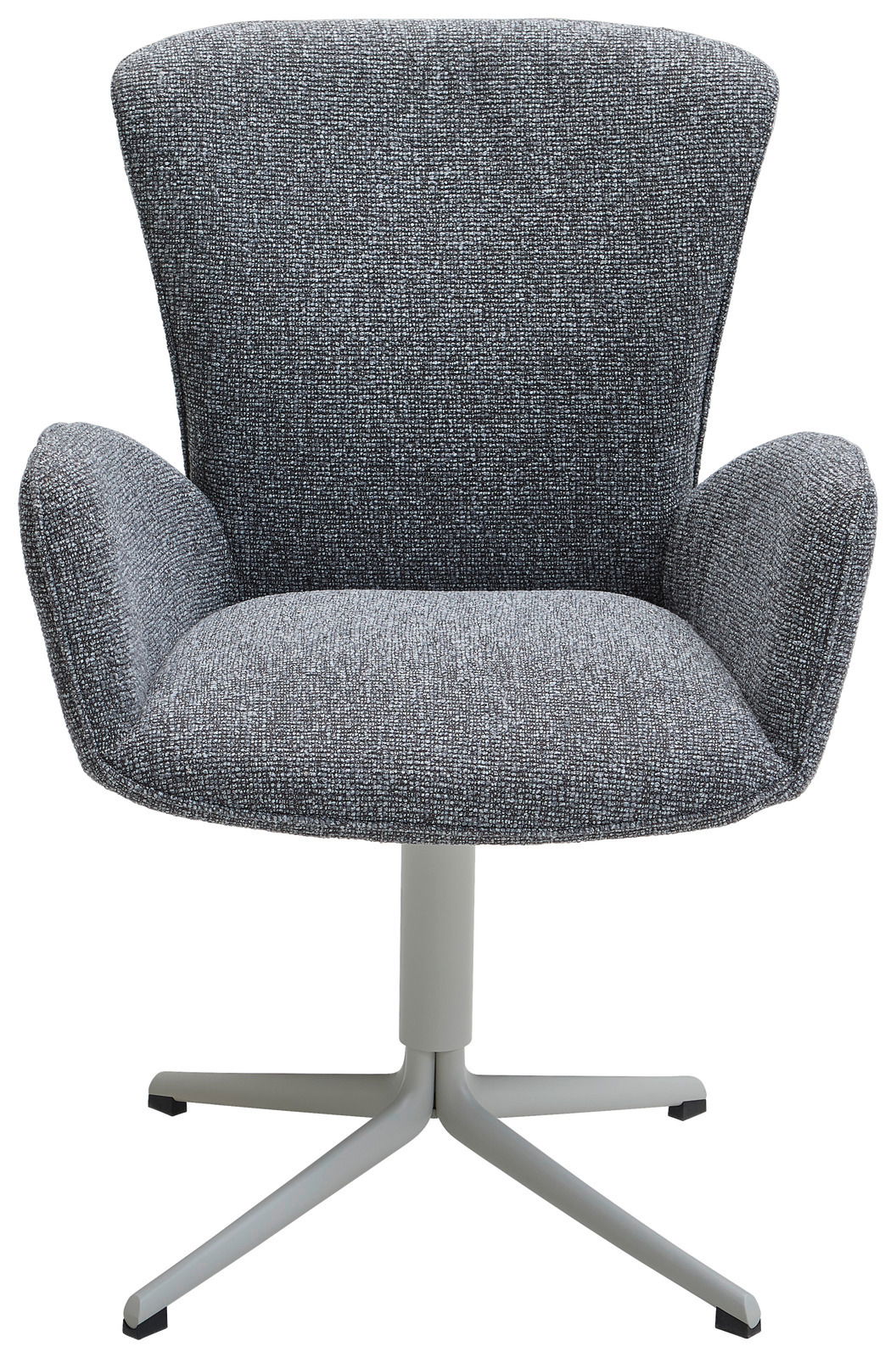 Grauer Armlehnstuhl mit Stoffbezug und Metallfuß, Frontalansicht