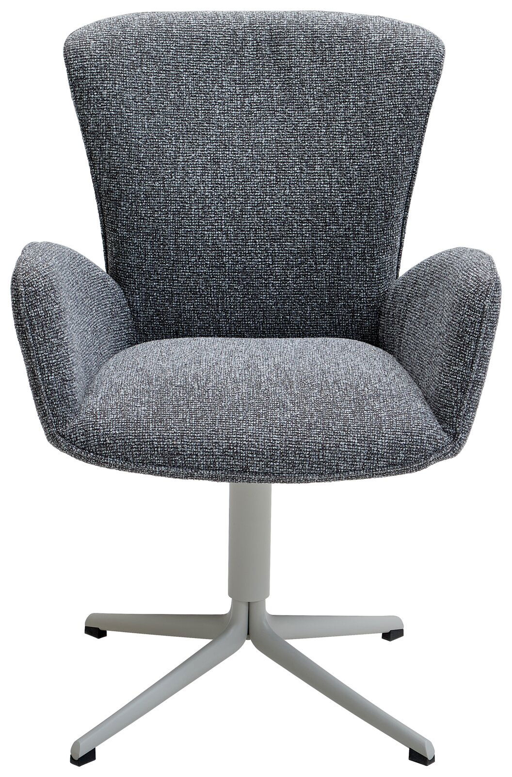 Grauer Armlehnstuhl mit Stoffbezug und Metallfuß, Frontalansicht