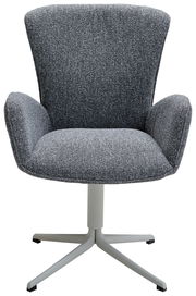 Grauer Armlehnstuhl mit Stoffbezug und Metallfuß, Frontalansicht