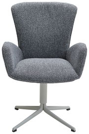 Grauer Armlehnstuhl mit Stoffbezug und Metallfuß, Frontalansicht