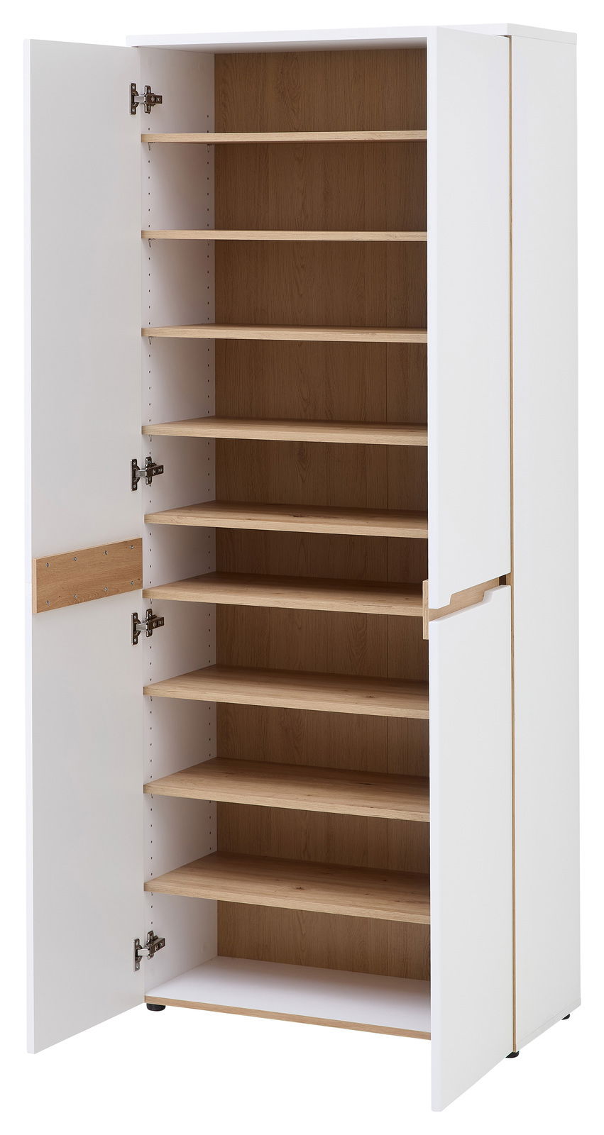 Offener XL-Schuhschrank mit mehreren Regalböden in Holzoptik, weiße Außenseite, Perspektive von vorne links