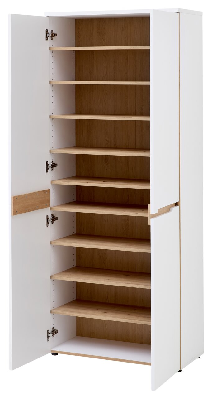 Offener XL-Schuhschrank mit mehreren Regalböden in Holzoptik, weiße Außenseite, Perspektive von vorne links