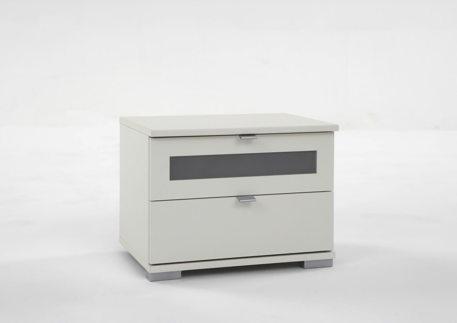 Weiße Nachtkonsole mit zwei Schubladen, seitliche Perspektive