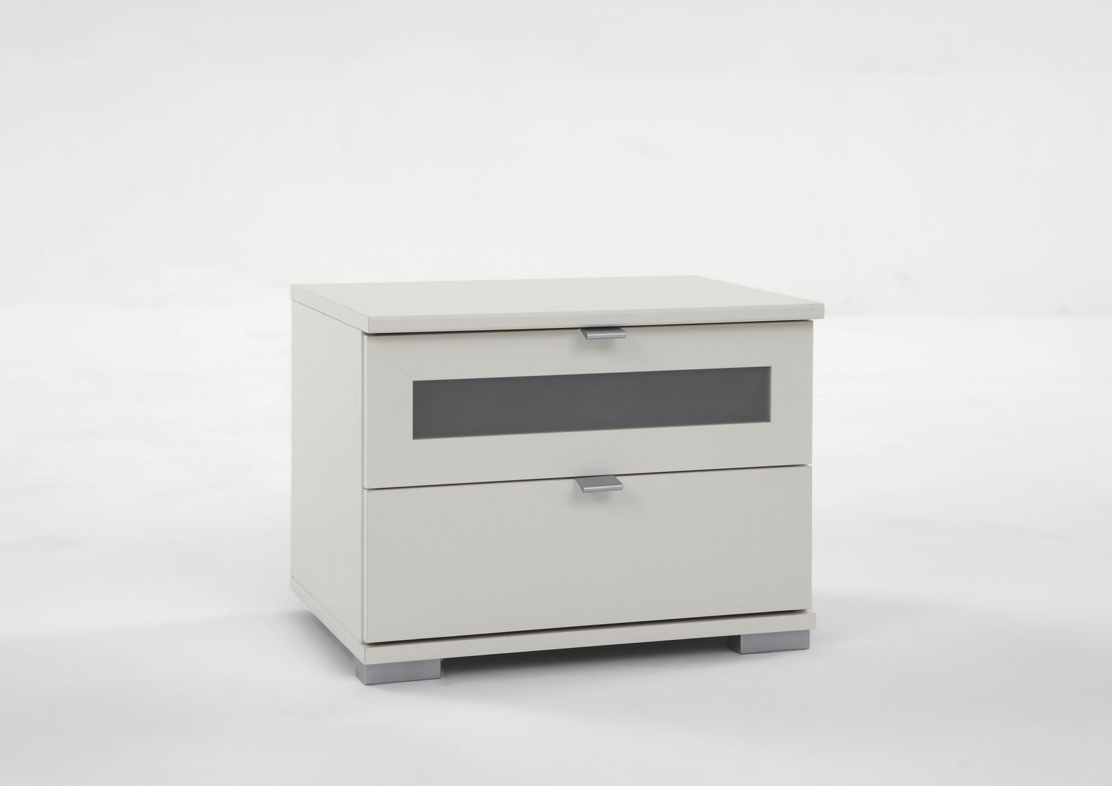 Weiße Nachtkonsole mit zwei Schubladen, seitliche Perspektive