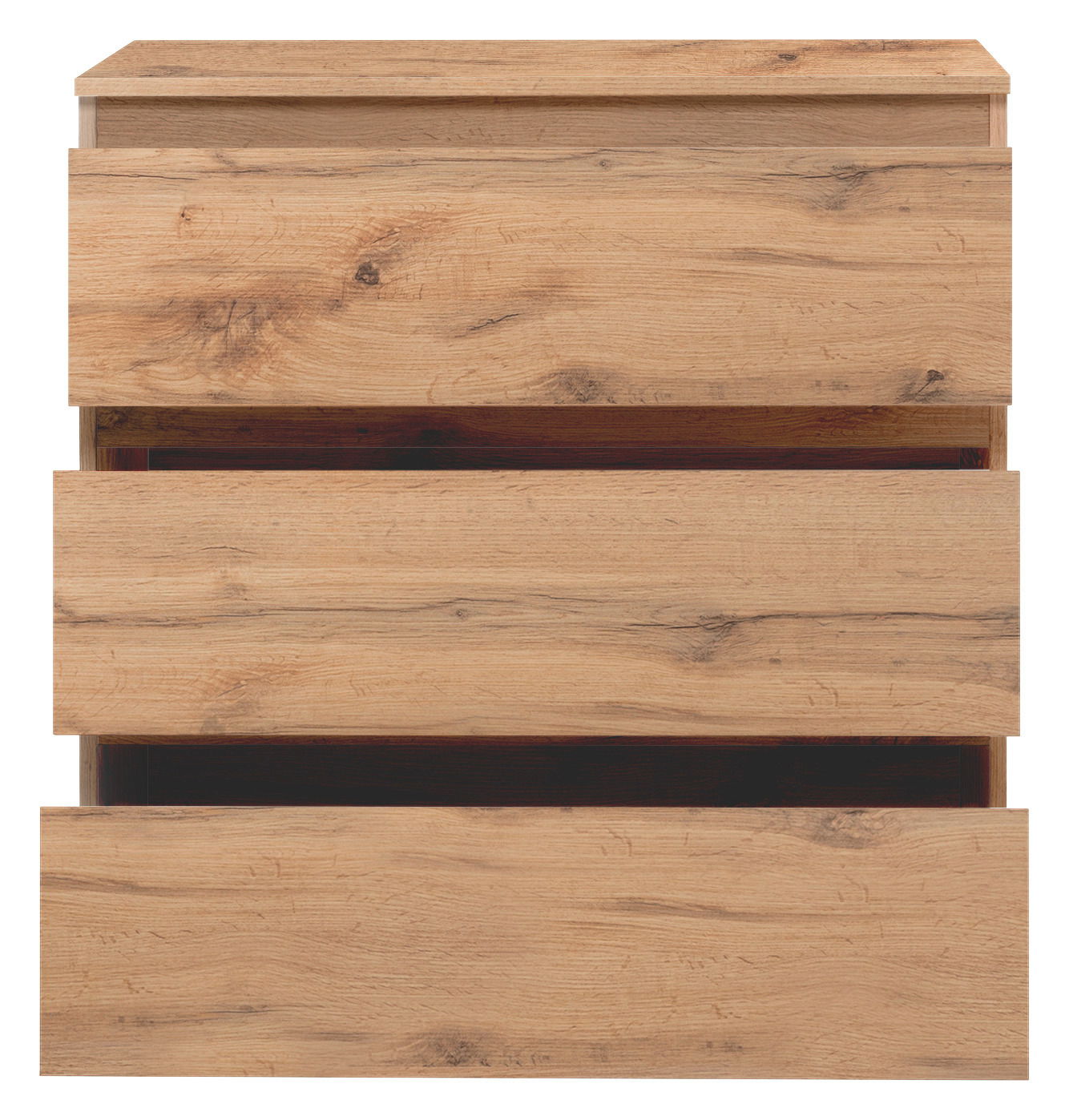 Kommode aus Holz mit drei Schubladen, frontale Ansicht