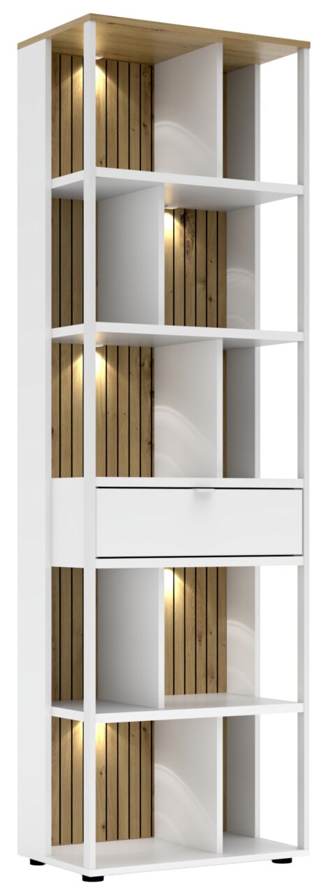 Modernes Büroregal mit weißem Rahmen, Holzelementen und integrierter Beleuchtung, frontal betrachtet.