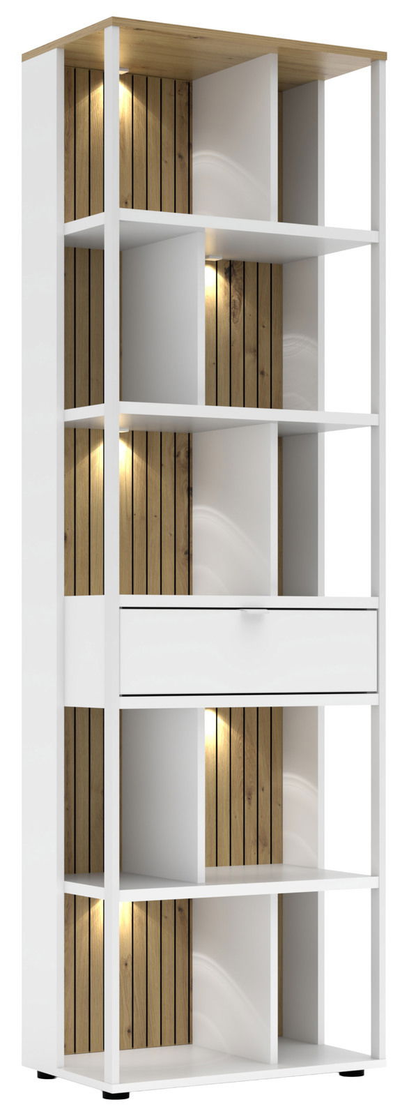 Voleo Aktenregal DIANA Modernes Büroregal mit weißem Rahmen, Holzelementen und integrierter Beleuchtung, frontal betrachtet.