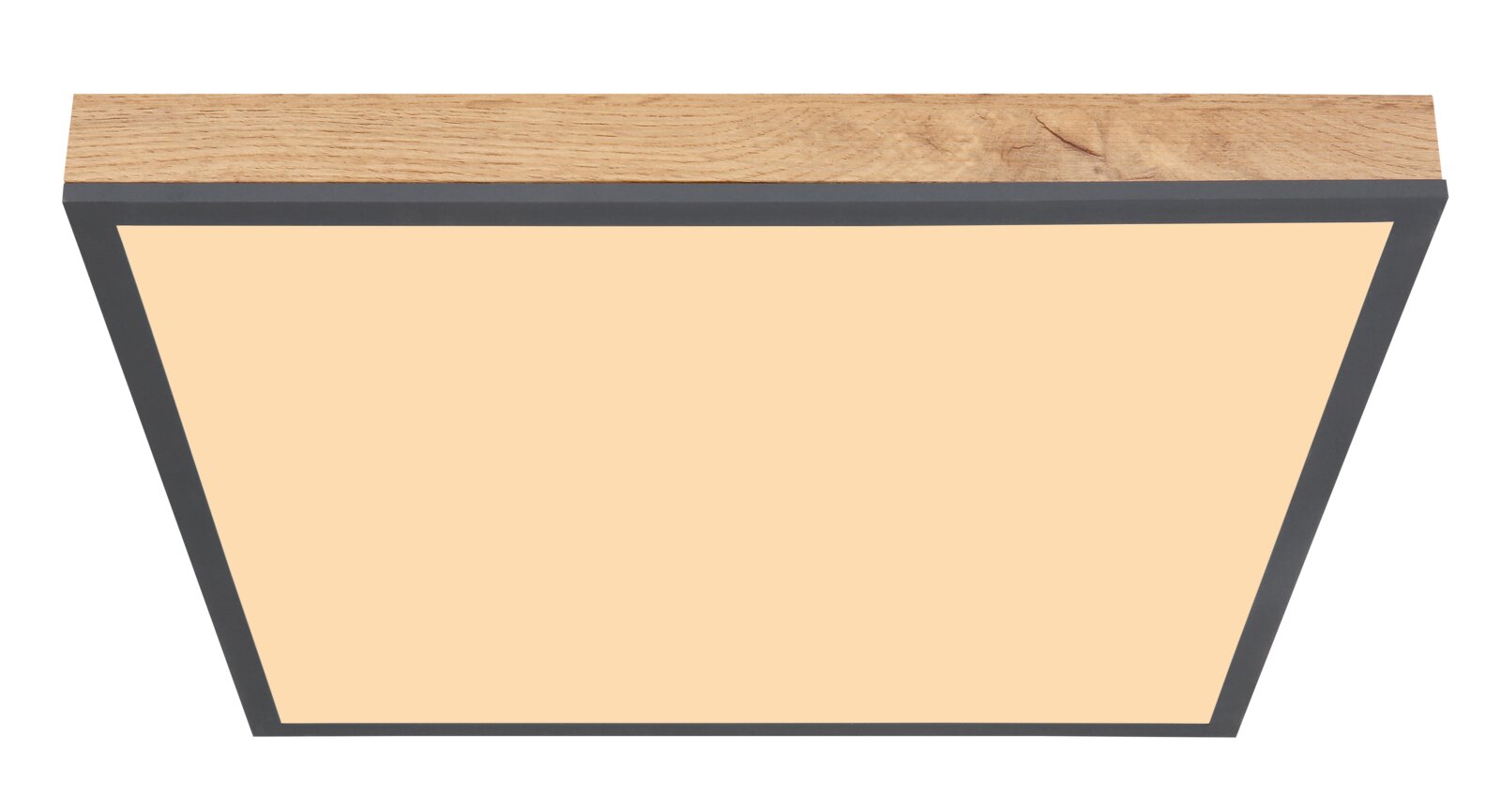 Moderne Deckenleuchte mit Holzrahmen und rechteckigem Design, Ansicht von unten