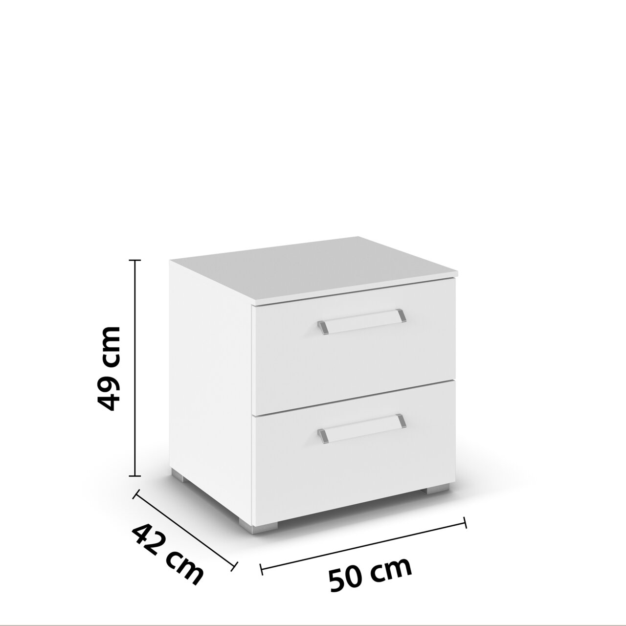 Weißer Nachttisch mit zwei Schubladen, Ansicht von vorne rechts, Maße 49 cm hoch, 50 cm breit, 42 cm tief.