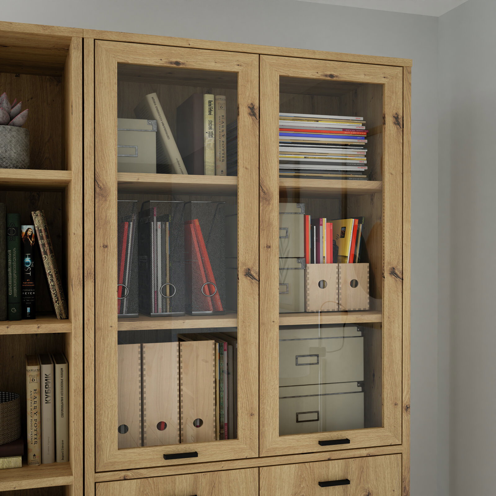 Holzschrank mit Glastüren, gefüllt mit Büchern und Ordnern, aus frontaler Perspektive.