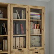 Holzschrank mit Glastüren, gefüllt mit Büchern und Ordnern, aus frontaler Perspektive.