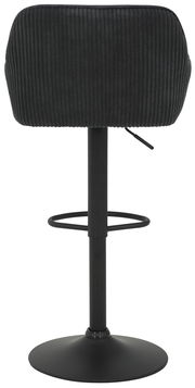 Rückansicht eines modernen Barhockers mit schwarzem, geripptem Stoffbezug und schwarzem Metallgestell.