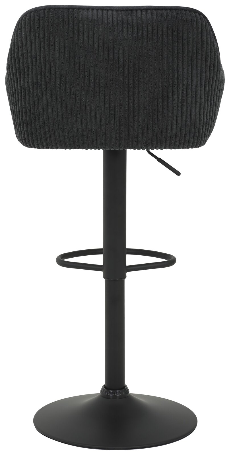 Rückansicht eines modernen Barhockers mit schwarzem, geripptem Stoffbezug und schwarzem Metallgestell.