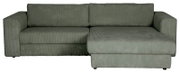 Vooraanzicht van een moderne olijfgroene hoekbank met brede armleuningen, ribcord bekleding en chaise longue aan de rechterzijde.