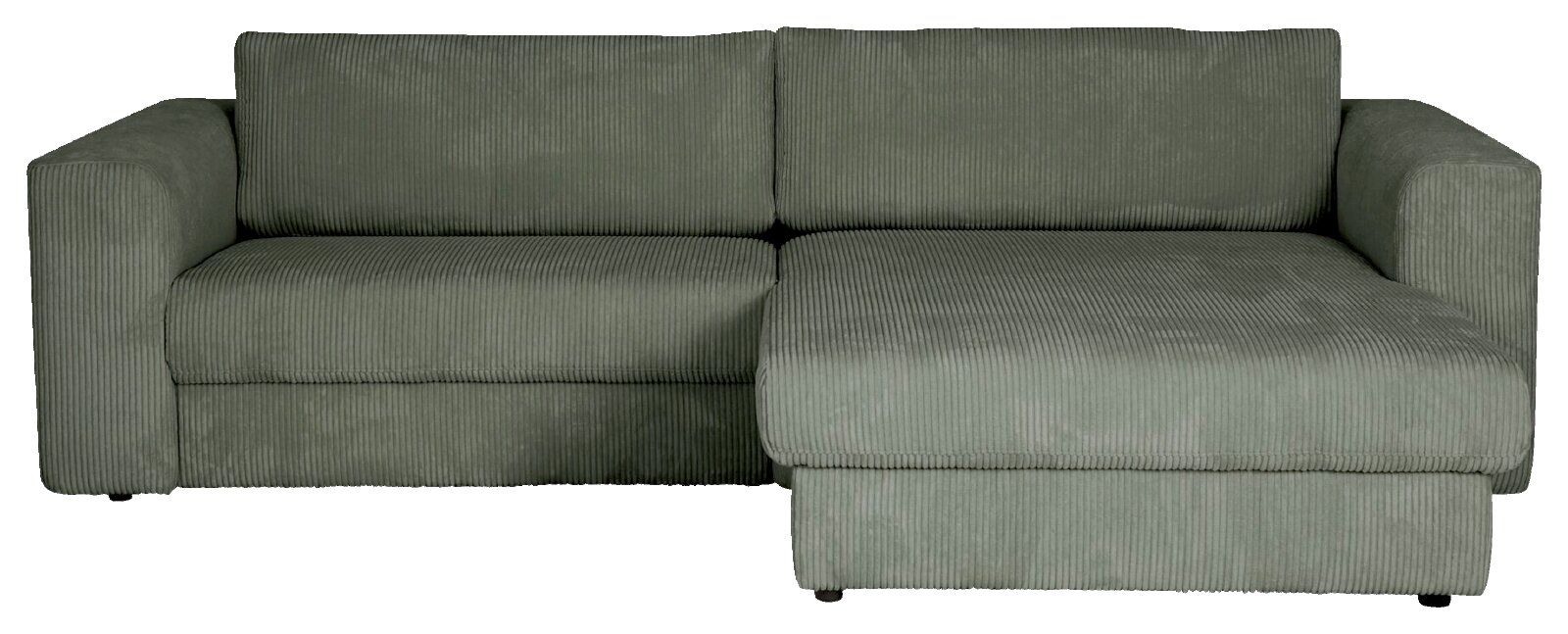 Vooraanzicht van een moderne olijfgroene hoekbank met brede armleuningen, ribcord bekleding en chaise longue aan de rechterzijde.