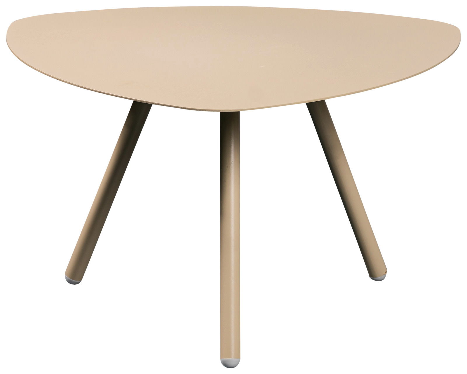 XORA Beistelltisch MIRA Moderner dreibeiniger Beistelltisch in Beige, aus seitlicher Perspektive fotografiert.