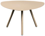 Moderner dreibeiniger Beistelltisch in Beige, aus seitlicher Perspektive fotografiert.