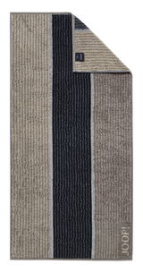 JOOP! Handtuch SIGNATURE in Draufsicht mit gestreiftem Design in Beige und Schwarz.