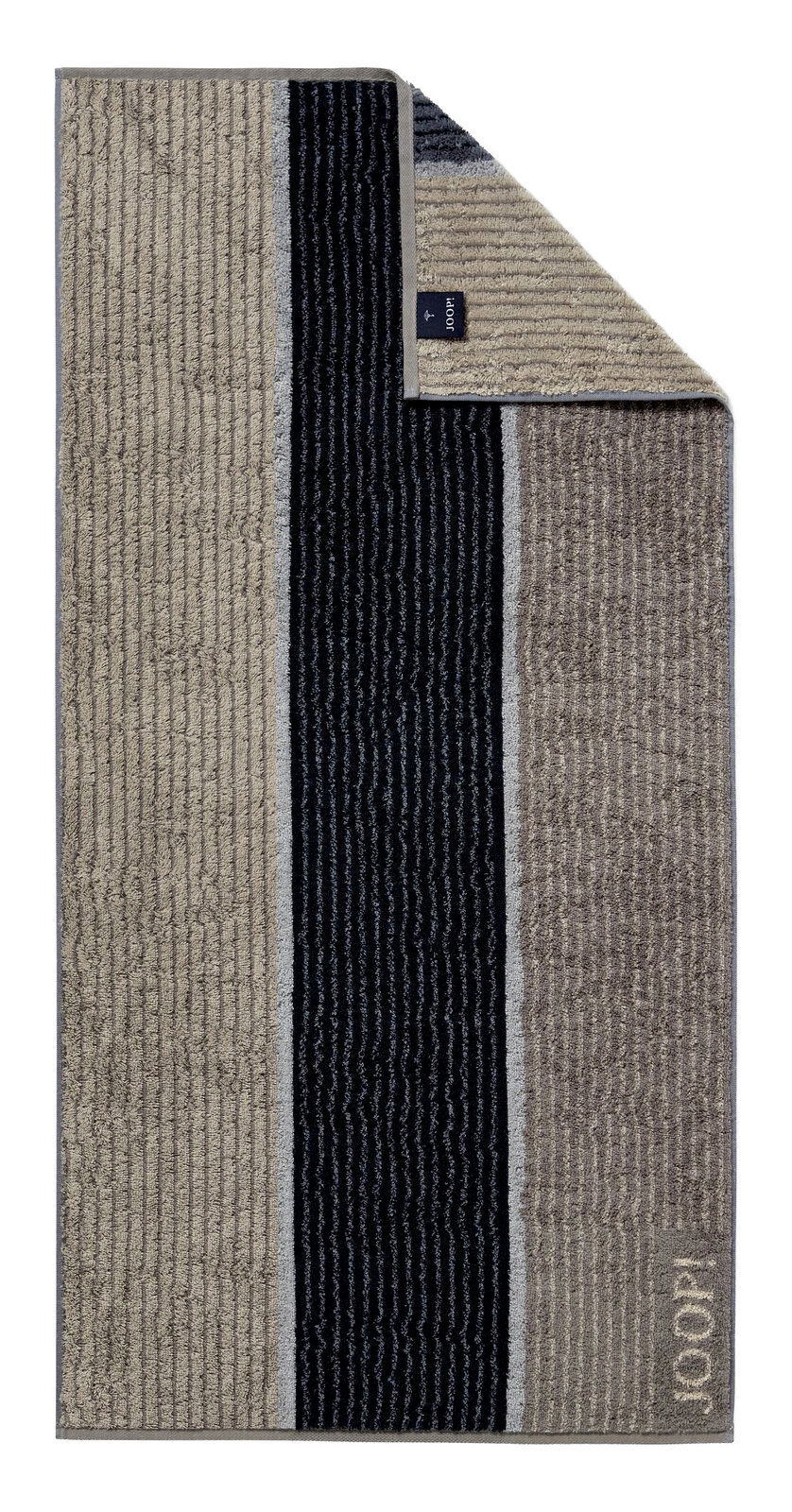 JOOP! Handtuch SIGNATURE in Draufsicht mit gestreiftem Design in Beige und Schwarz.