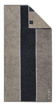 JOOP! Handtuch SIGNATURE in Draufsicht mit gestreiftem Design in Beige und Schwarz.