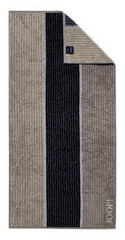 JOOP! SIGNATURE-handdoek, gezien van bovenaf, met een gestreept patroon in beige en zwart.