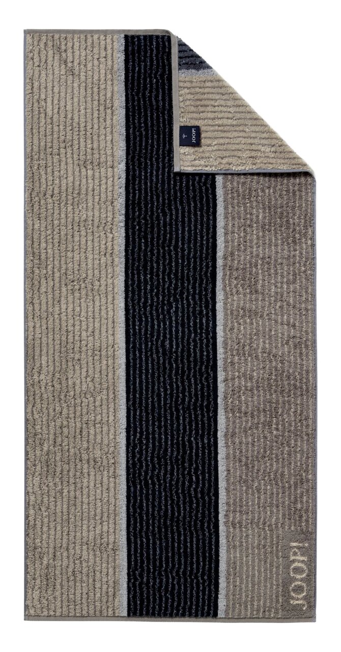 JOOP! SIGNATURE-handdoek, gezien van bovenaf, met een gestreept patroon in beige en zwart.