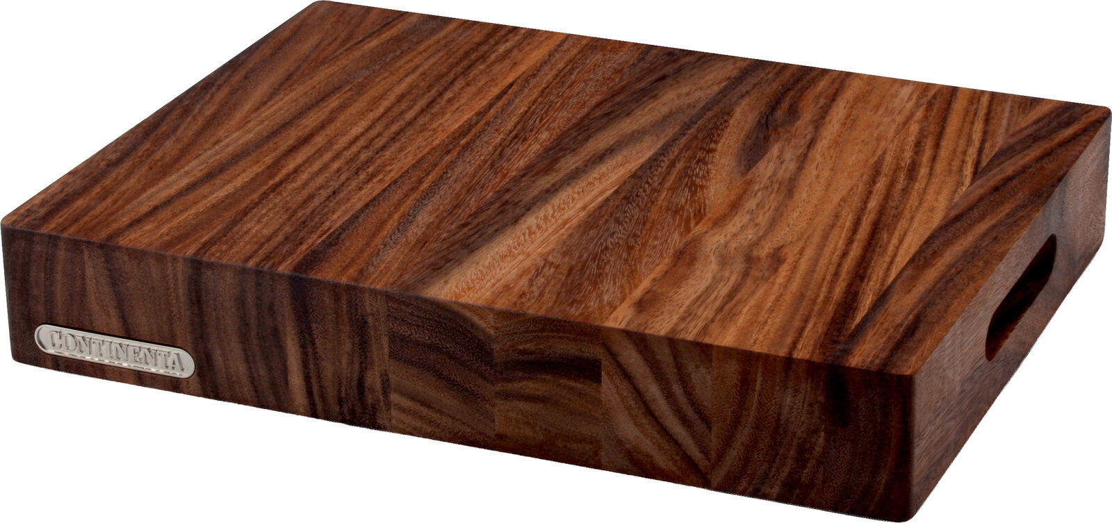 Massives Holz-Schneidebrett mit markanter Maserung und seitlichem Griffloch, schräg von oben in 3/4-Perspektive auf weißem Hintergrund