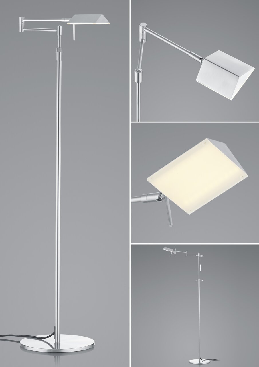 Moderne LED-staande lamp JOHANN in zilverkleurig ontwerp met verstelbare arm en rechthoekige lampenkap, gezien vanaf de zijkant en van voren.
