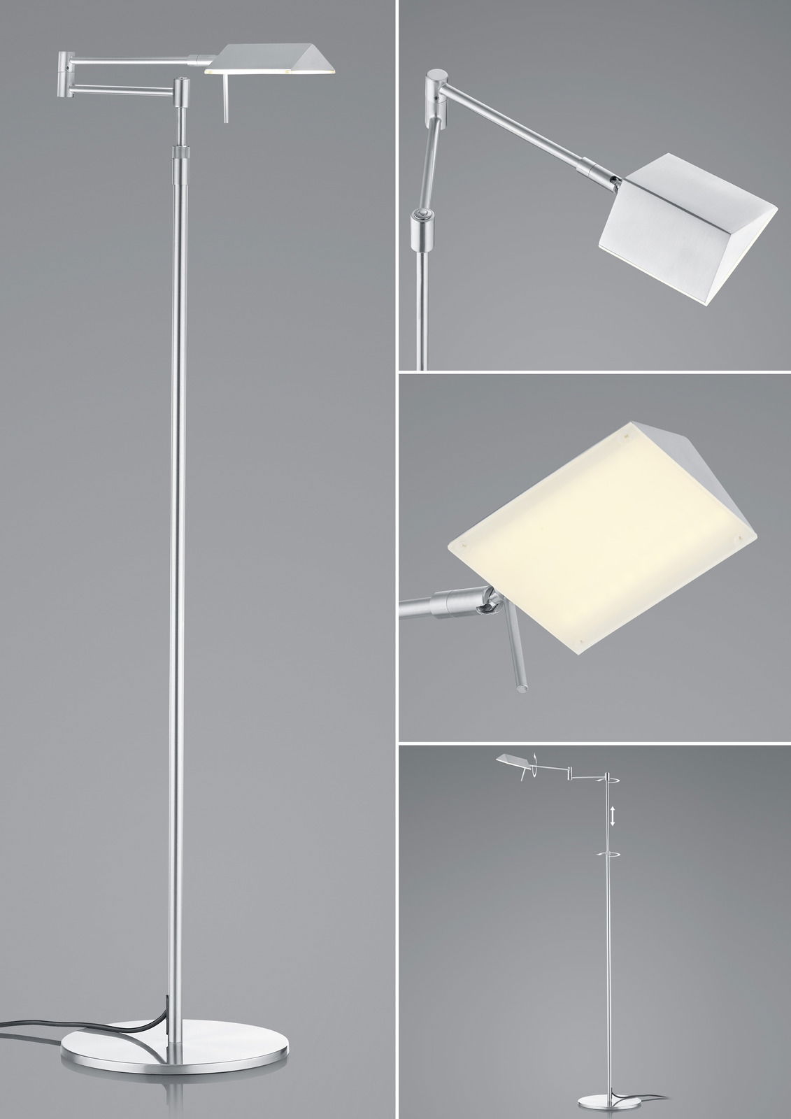 Moderne LED-Stehleuchte JOHANN in silbernem Design mit verstellbarem Arm und rechteckigem Lampenschirm, seitliche und frontale Perspektiven.