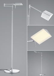 Moderne LED-Stehleuchte JOHANN in silbernem Design mit verstellbarem Arm und rechteckigem Lampenschirm, seitliche und frontale Perspektiven.