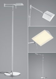 Moderne LED-staande lamp JOHANN in zilverkleurig ontwerp met verstelbare arm en rechthoekige lampenkap, gezien vanaf de zijkant en van voren.