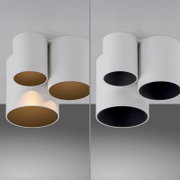 Moderne LED-Deckenleuchte mit drei zylindrischen Lampenschirmen, Ansicht von unten.