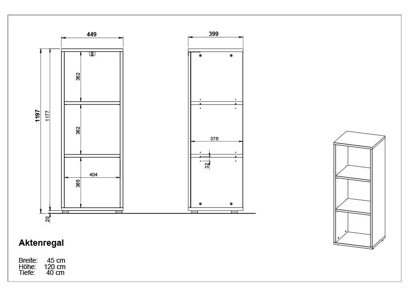 Zeichnung eines Aktenregals mit drei Fächern, Maße: Breite 45 cm, Höhe 120 cm, Tiefe 40 cm, Vorder- und Seitenansicht.
