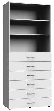 Mehrzweckschrank mit zwei offenen Regalfächern und sechs Schubladen, Frontalansicht