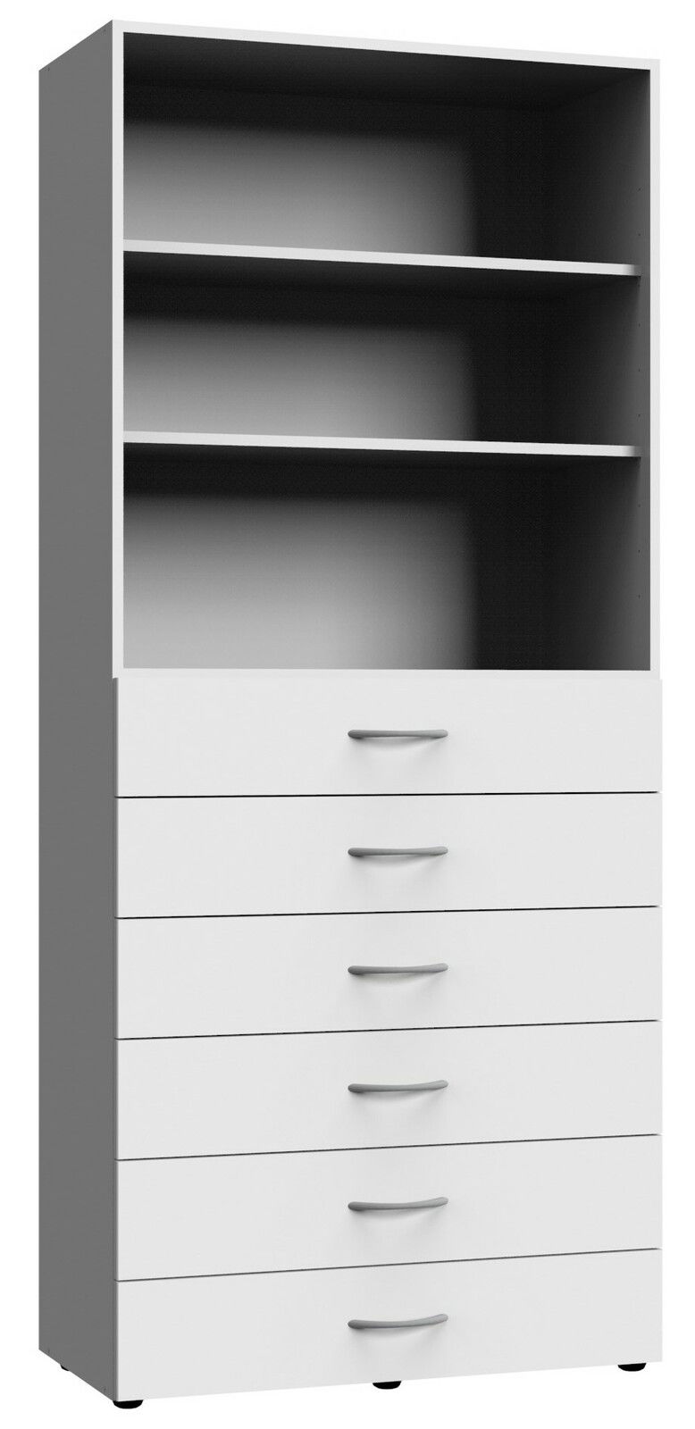 Mehrzweckschrank mit zwei offenen Regalfächern und sechs Schubladen, Frontalansicht