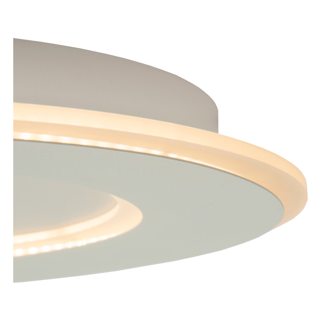 Close-up van een moderne, ronde plafondlamp met ledverlichting, gezien vanaf de zijkant