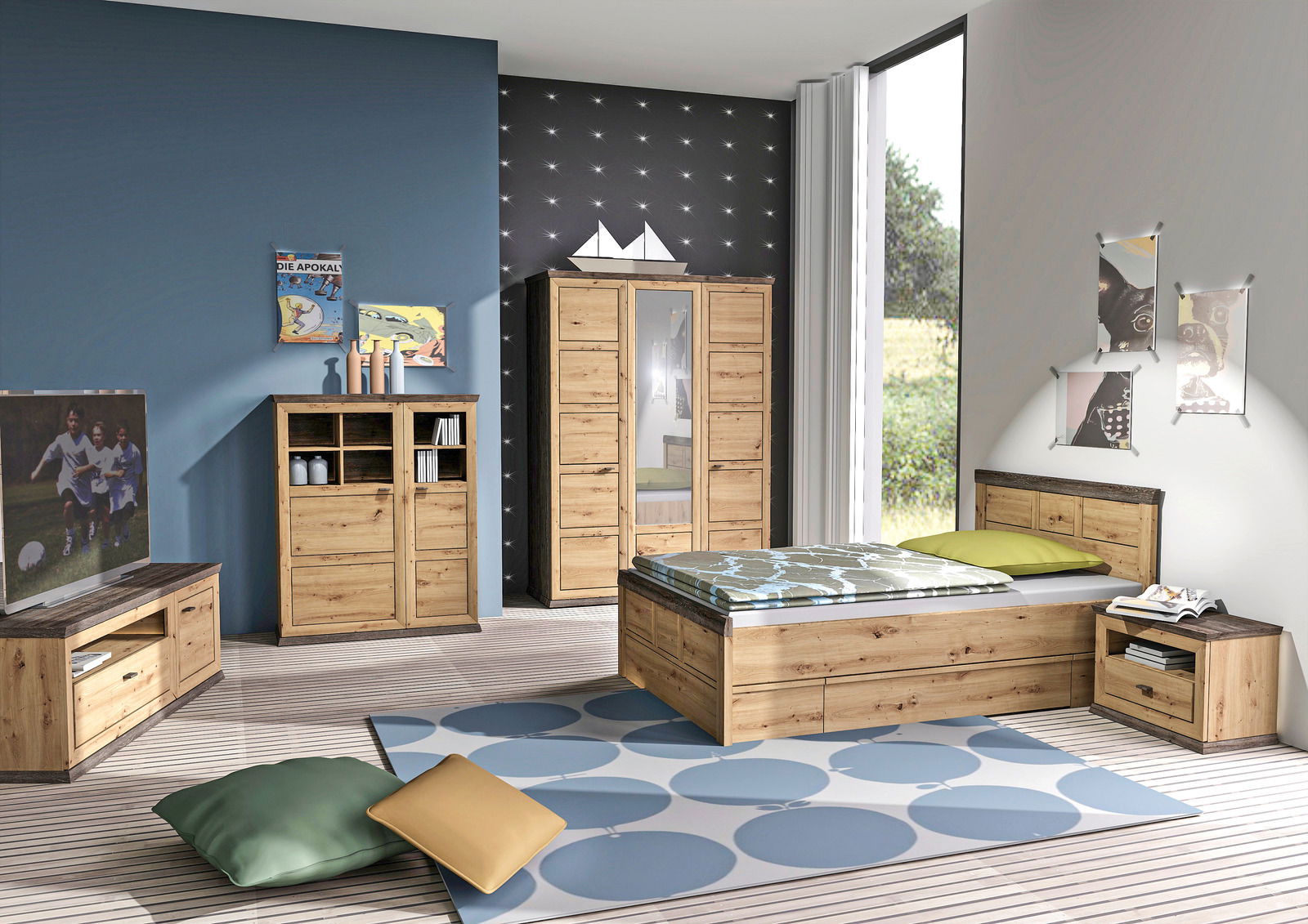 Hom´in Highboard BENTON Modernes Schlafzimmer mit Holzmöbeln, darunter ein Bett, ein Drehtürenschrank und ein Lowboard, aus der Perspektive von vorne rechts betrachtet.