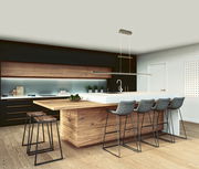 Moderne Pendelleuchte Bill über einer Kücheninsel, seitliche Perspektive