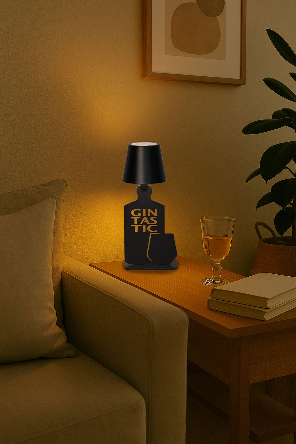 Schwarze Akku-Tischleuchte mit der Aufschrift 'Gintastic', auf einem Holztisch neben einem Sofa, mit einem Glas und Büchern, aus seitlicher Perspektive fotografiert.