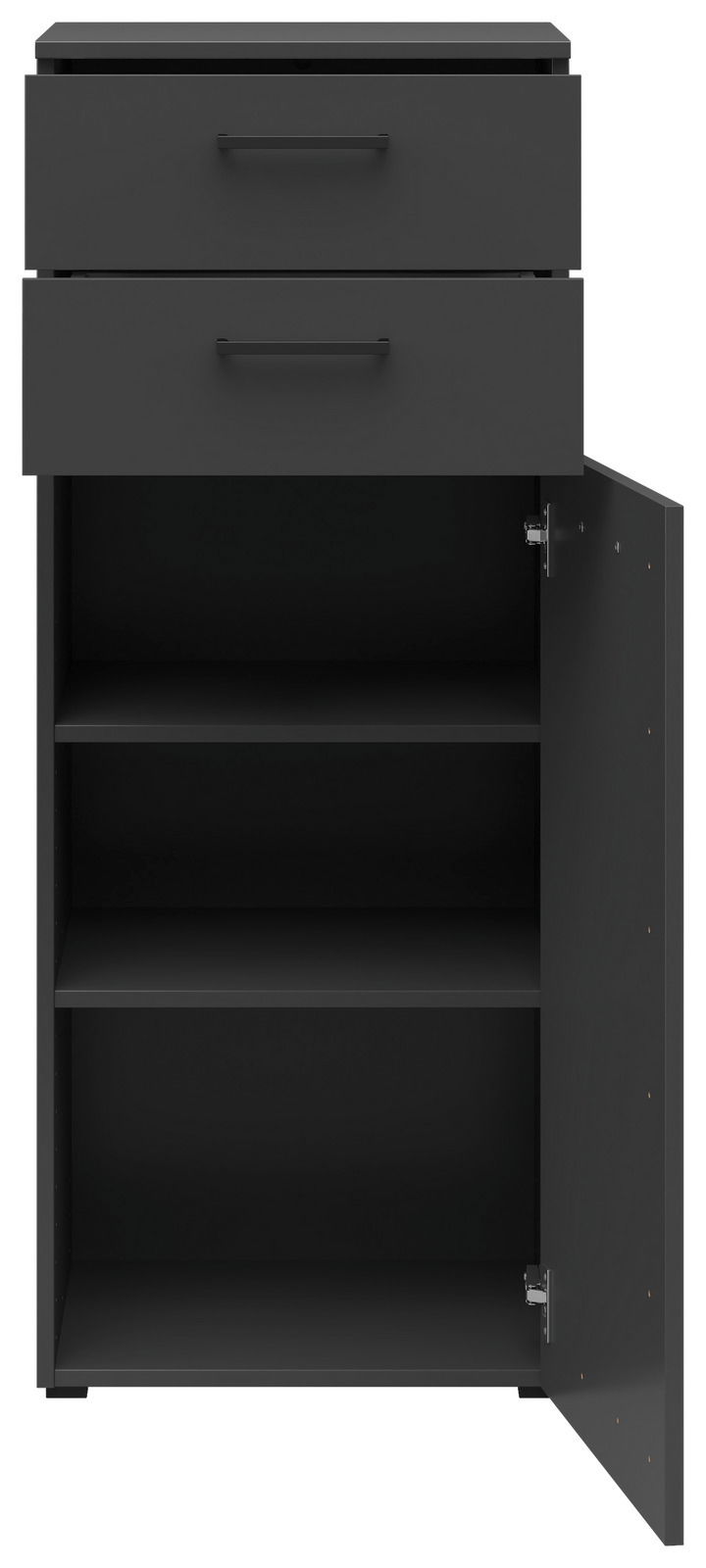 Schwarze Kommode mit zwei Schubladen und einem offenen Schrank mit drei Fächern, rechte Tür geöffnet, Frontalansicht