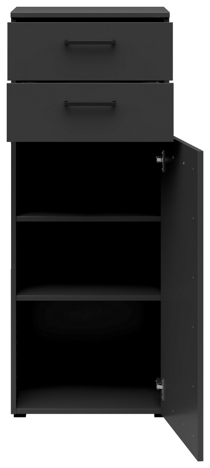 Schwarze Kommode mit zwei Schubladen und einem offenen Schrank mit drei Fächern, rechte Tür geöffnet, Frontalansicht