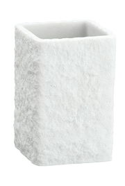 Weißer, quadratischer Zahnputzbecher mit rauer Oberfläche, seitliche Perspektive