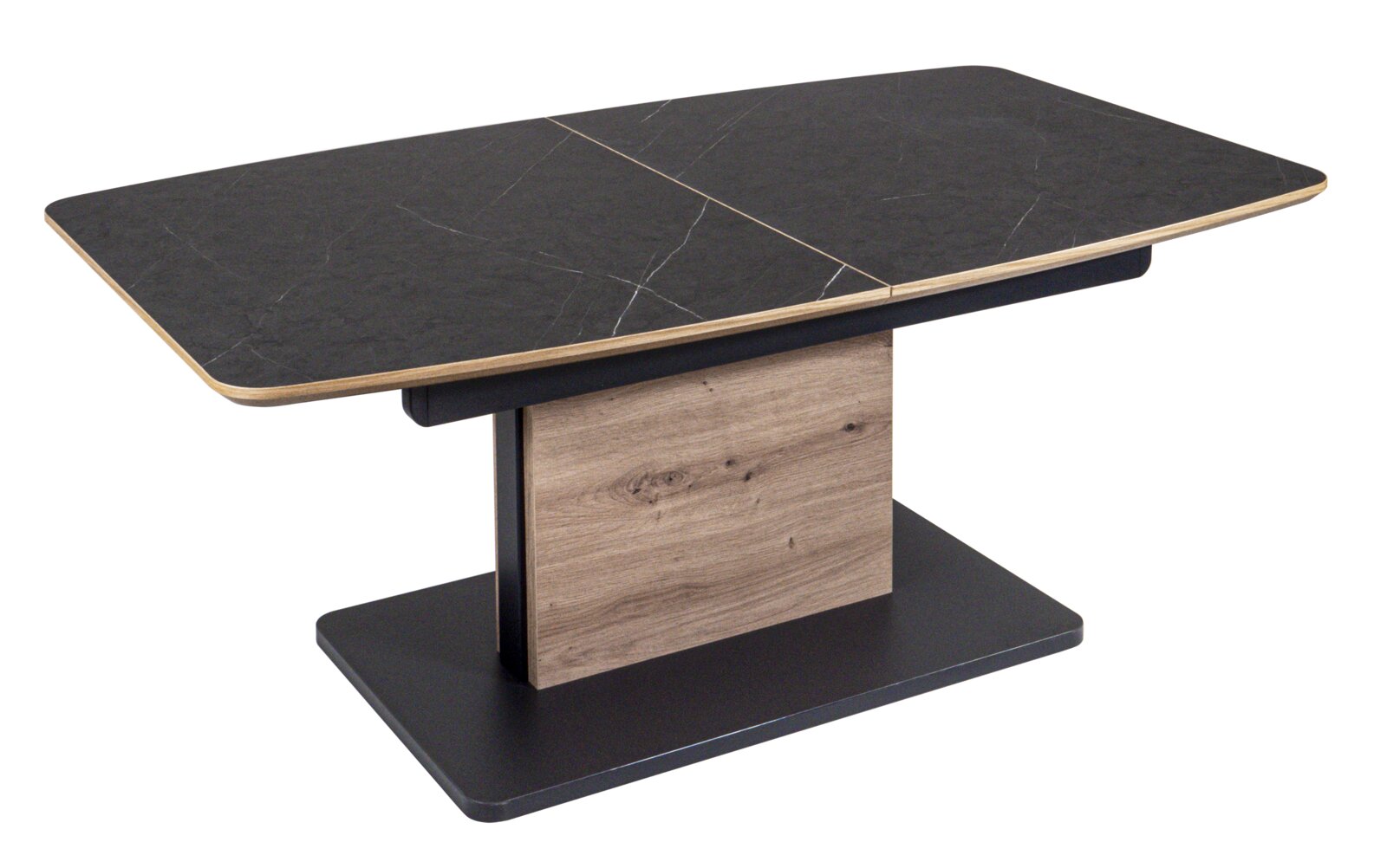 Moderner Couchtisch mit schwarzer Marmoroptik-Tischplatte und Holzdetails, seitliche Perspektive