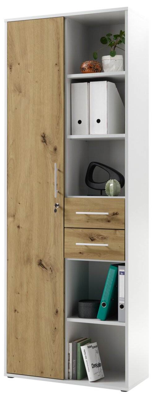 Moderner Akten- und Regalschrank mit Holztür und offenen Regalfächern, gefüllt mit Ordnern und Dekorationen, aus einer frontalen Perspektive.