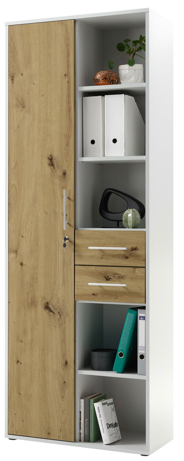 Moderner Akten- und Regalschrank mit Holztür und offenen Regalfächern, gefüllt mit Ordnern und Dekorationen, aus einer frontalen Perspektive.