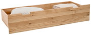 Holz-Bettschubkasten mit Kissen und Decke, seitliche Perspektive