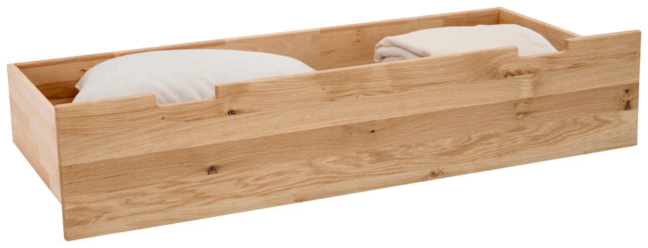 Holz-Bettschubkasten mit Kissen und Decke, seitliche Perspektive