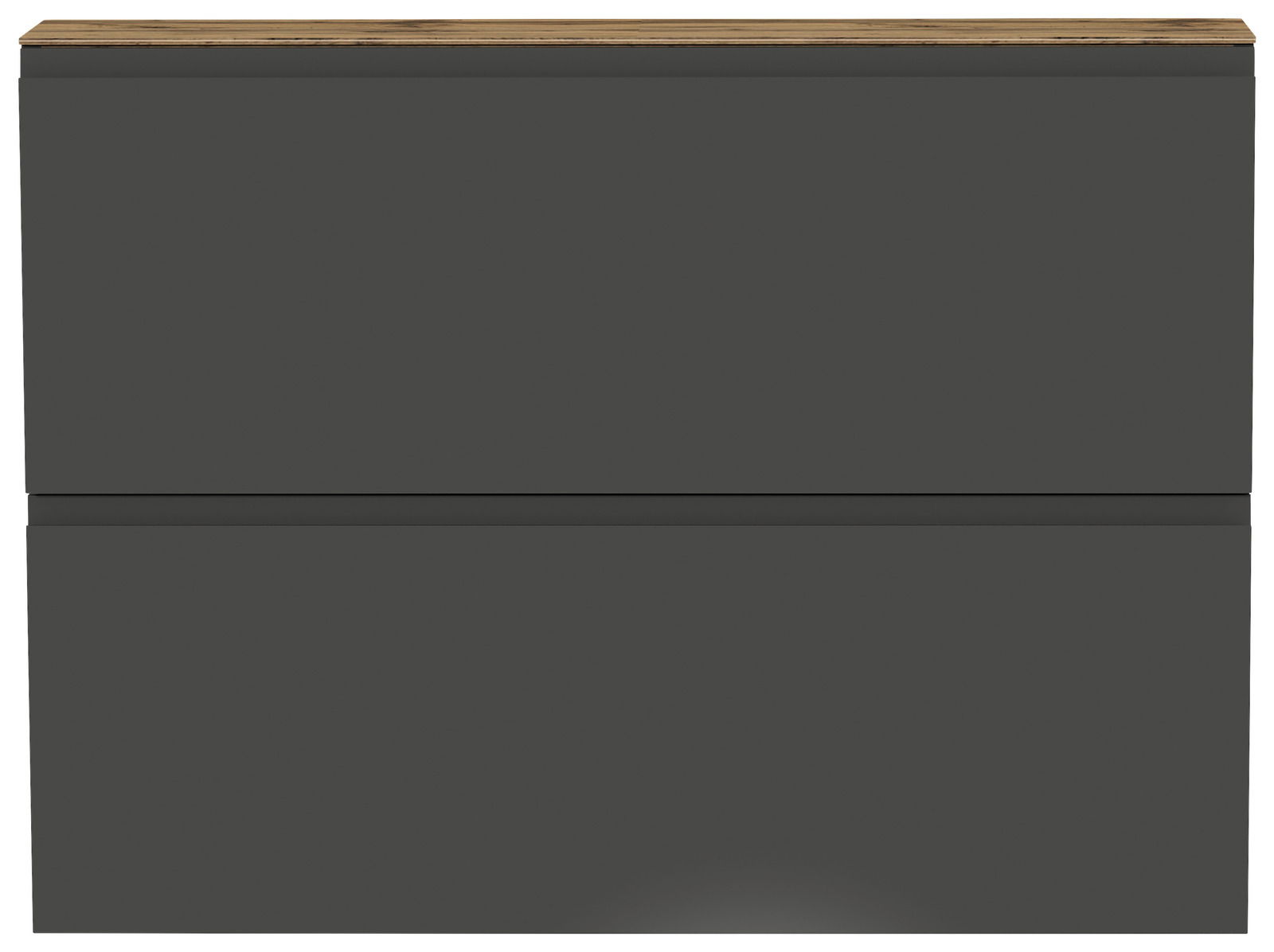 Frontansicht eines modernen, zweifarbigen Hängeschuhschranks mit dunkler Front und heller Holzoberfläche.