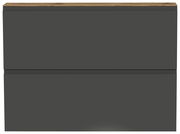 Frontansicht eines modernen, zweifarbigen Hängeschuhschranks mit dunkler Front und heller Holzoberfläche.